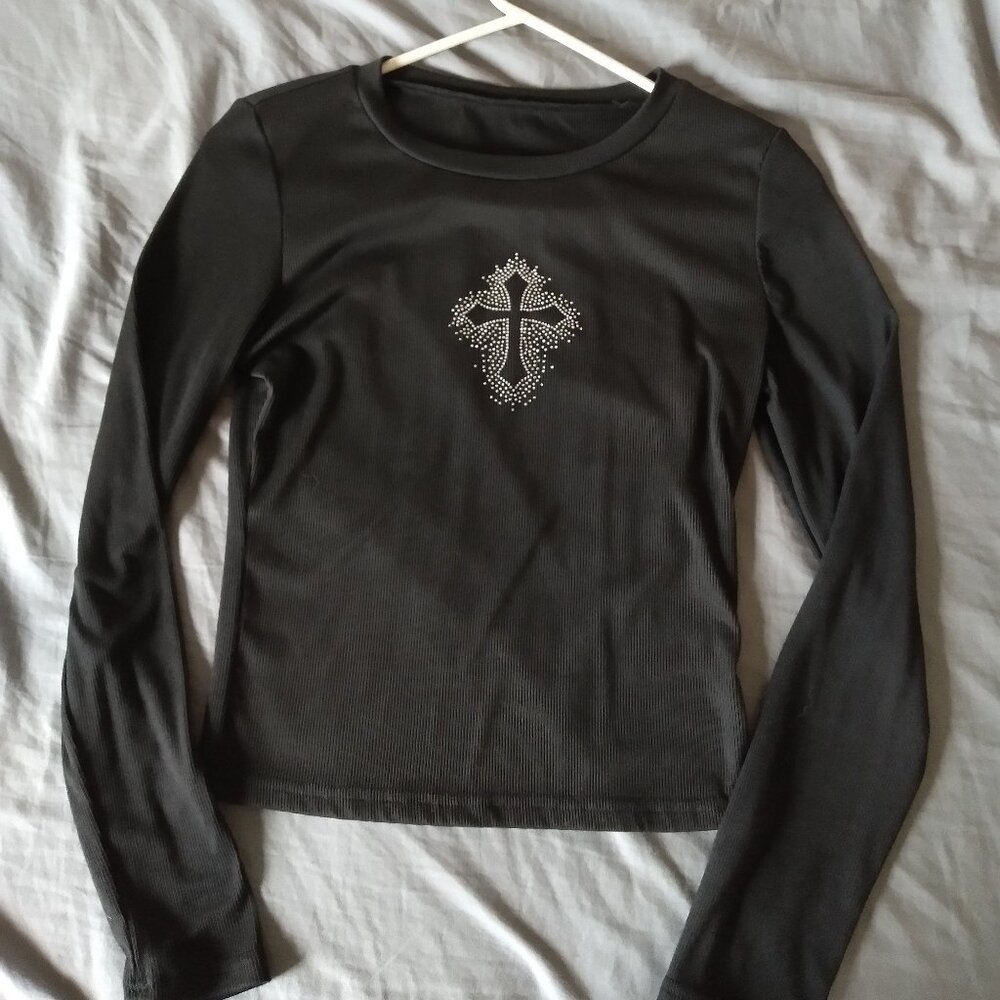 Black long sleeve SHIEN shirt with a sparkly cross size medium.